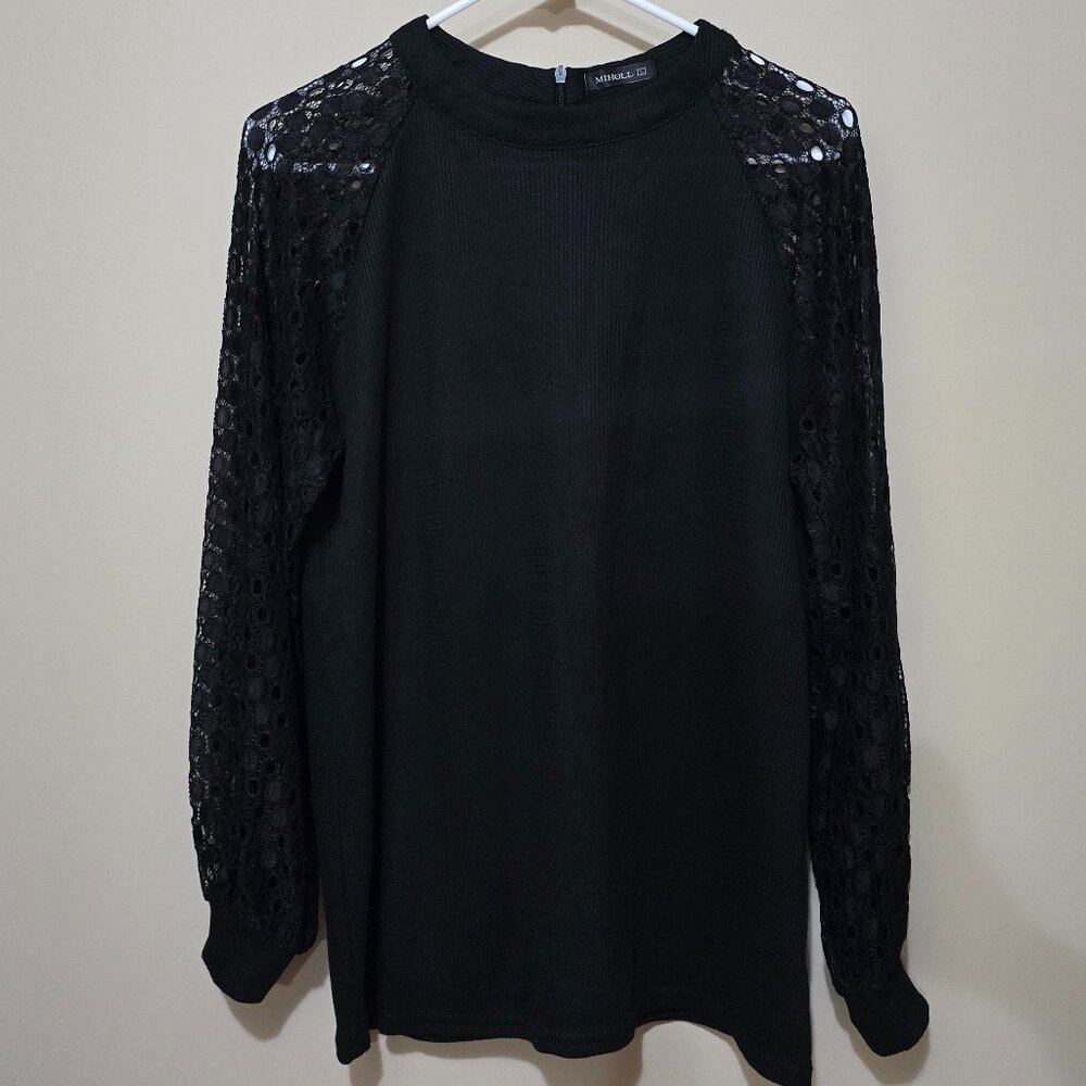 Women's Long sleeve black blouse, Lace sleeves with cuff.  Size L